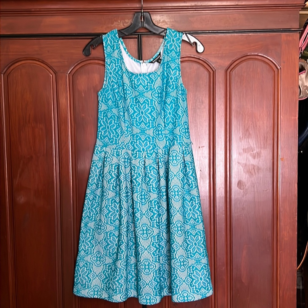 George Teal Lace Over White Fit And Flare Sleeveless Dress Size 4-6
